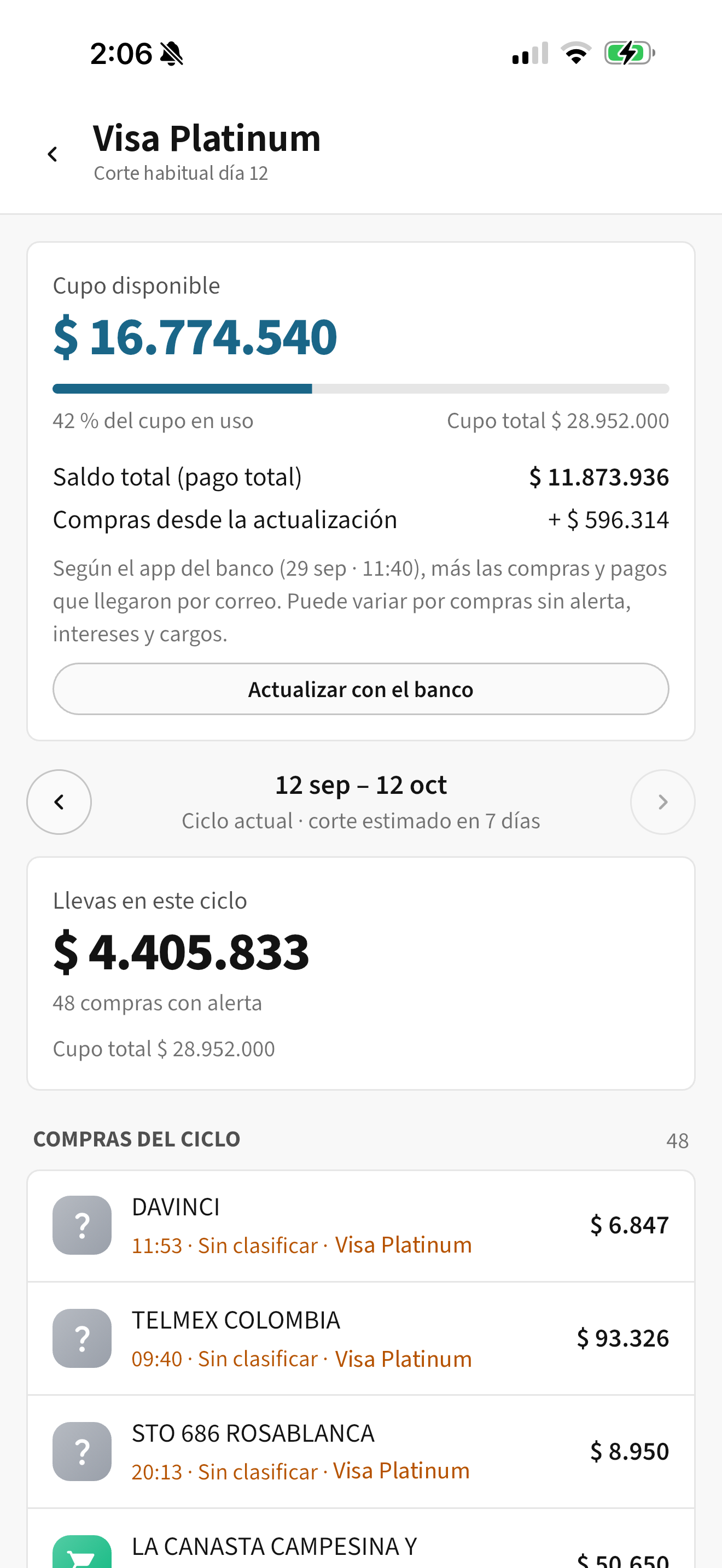 Detalle de una tarjeta en Topes con el cupo disponible y lo gastado en el ciclo